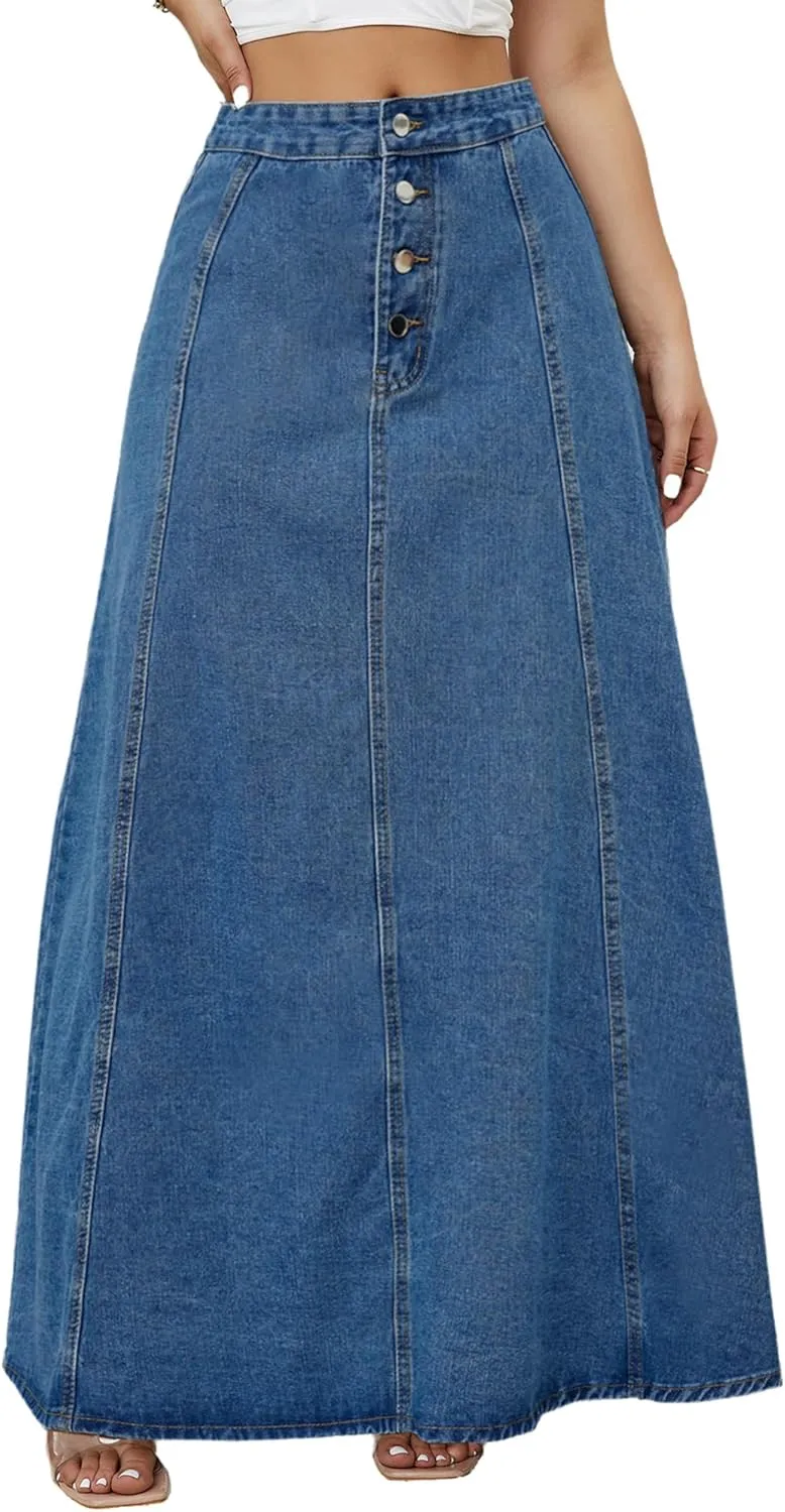 Women's High Waisted Denim Maxi Skirt Vintage A-Line Long Jean Skirt