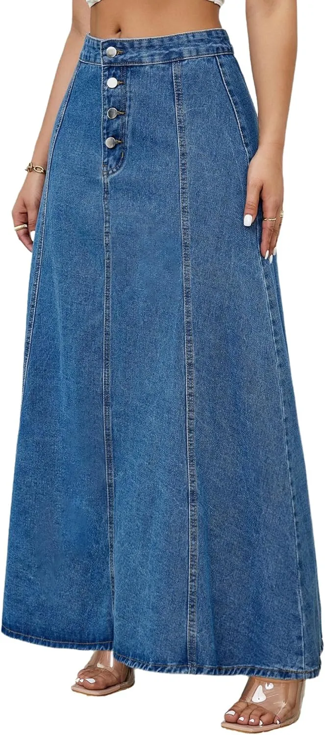 Women's High Waisted Denim Maxi Skirt Vintage A-Line Long Jean Skirt