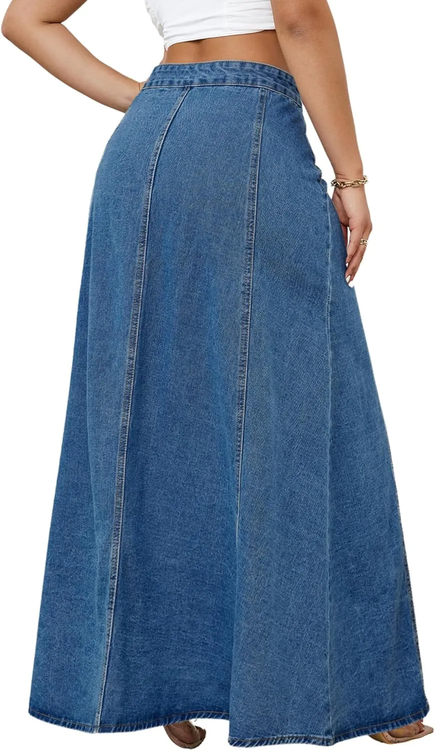 Women's High Waisted Denim Maxi Skirt Vintage A-Line Long Jean Skirt