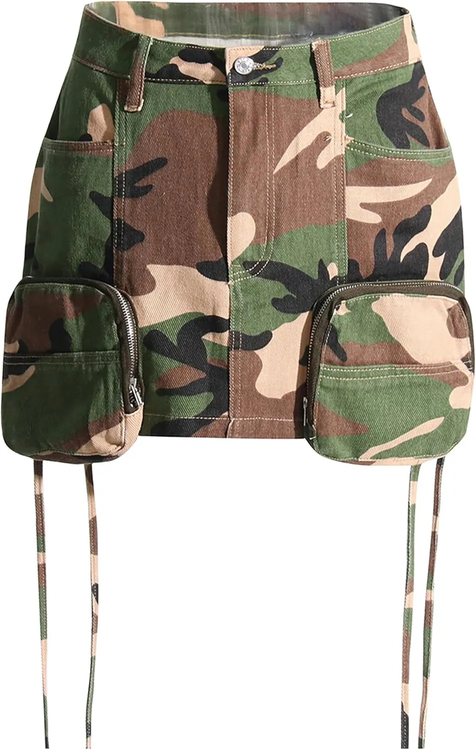 Women's High Waisted Denim Skirts Camouflage Tassel Lace-Up Cargo Jean Skirt
