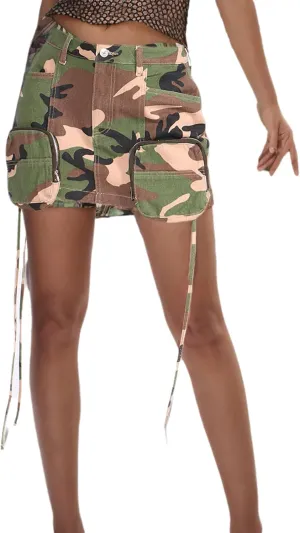 Women's High Waisted Denim Skirts Camouflage Tassel Lace-Up Cargo Jean Skirt