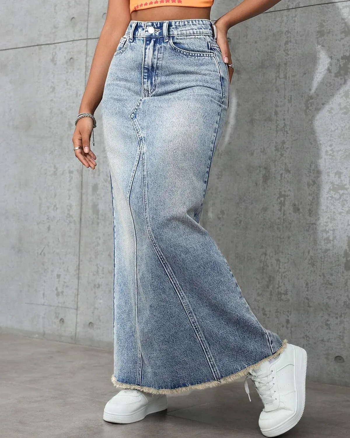 Women's High Waisted Maxi A line Denim Skirt Frayed Raw Hem Casual Long Jean Skirt with Pockets