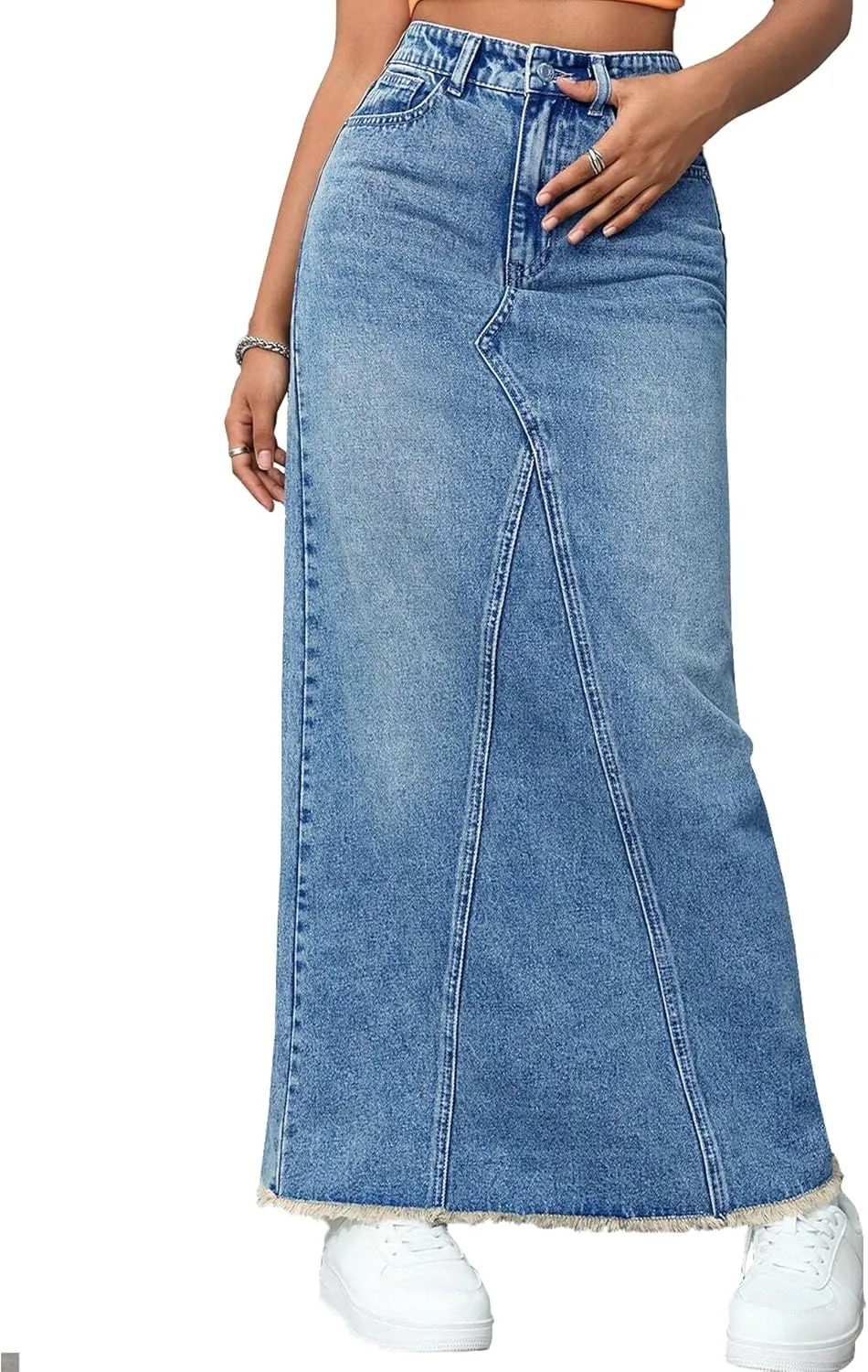 Women's High Waisted Maxi A line Denim Skirt Frayed Raw Hem Casual Long Jean Skirt with Pockets