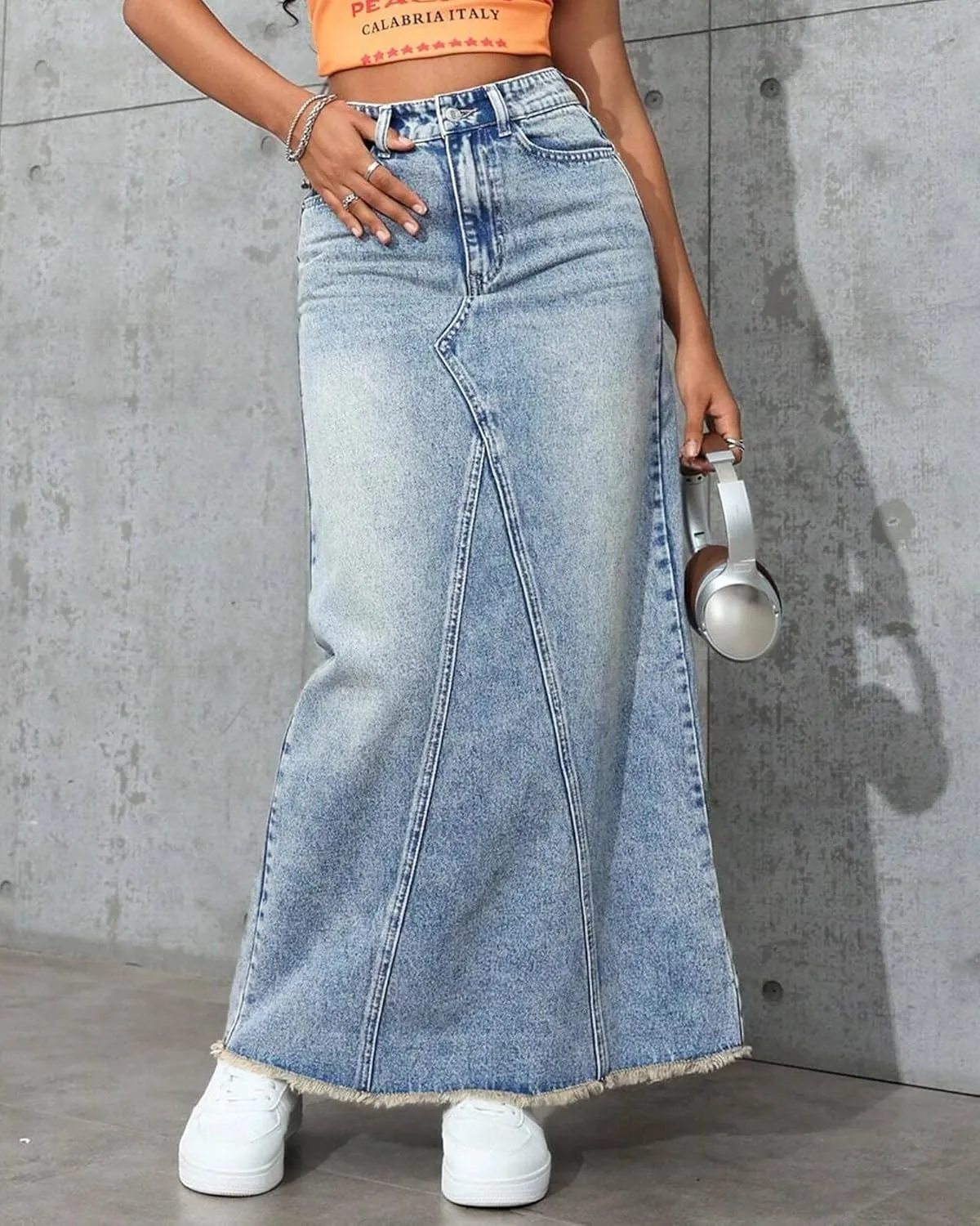 Women's High Waisted Maxi A line Denim Skirt Frayed Raw Hem Casual Long Jean Skirt with Pockets