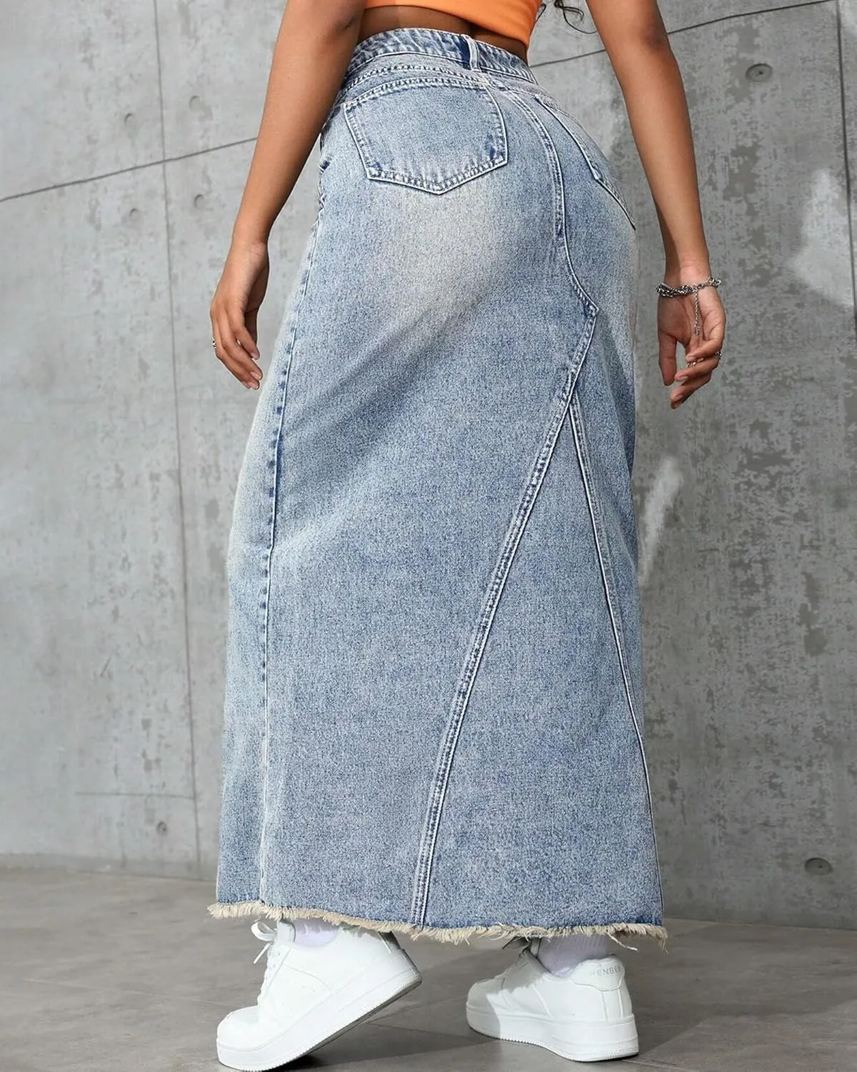 Women's High Waisted Maxi A line Denim Skirt Frayed Raw Hem Casual Long Jean Skirt with Pockets