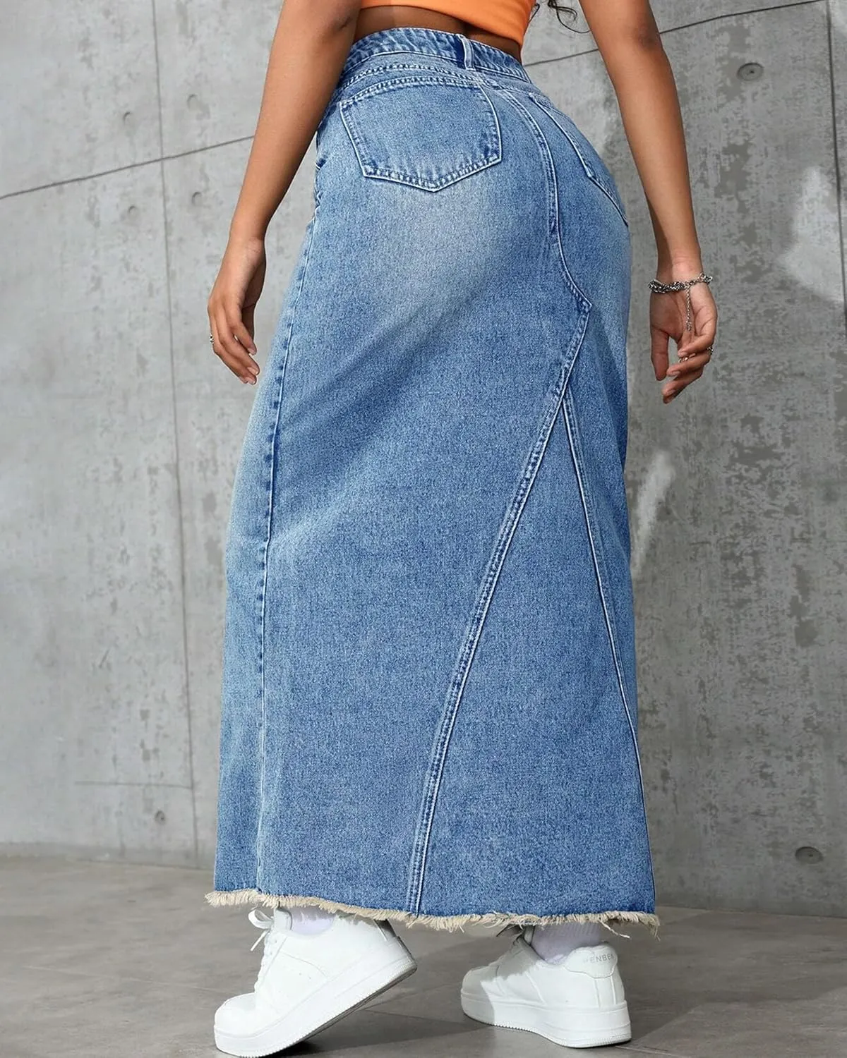 Women's High Waisted Maxi A line Denim Skirt Frayed Raw Hem Casual Long Jean Skirt with Pockets