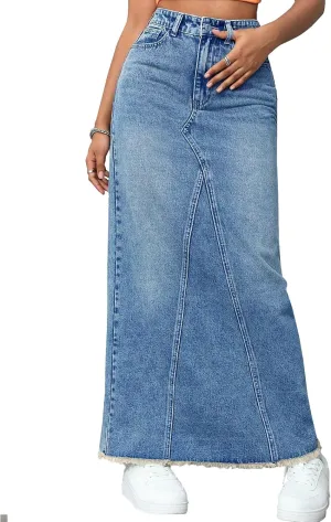 Women's High Waisted Maxi A line Denim Skirt Frayed Raw Hem Casual Long Jean Skirt with Pockets