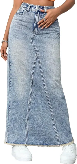Women's High Waisted Maxi A line Denim Skirt Frayed Raw Hem Casual Long Jean Skirt with Pockets