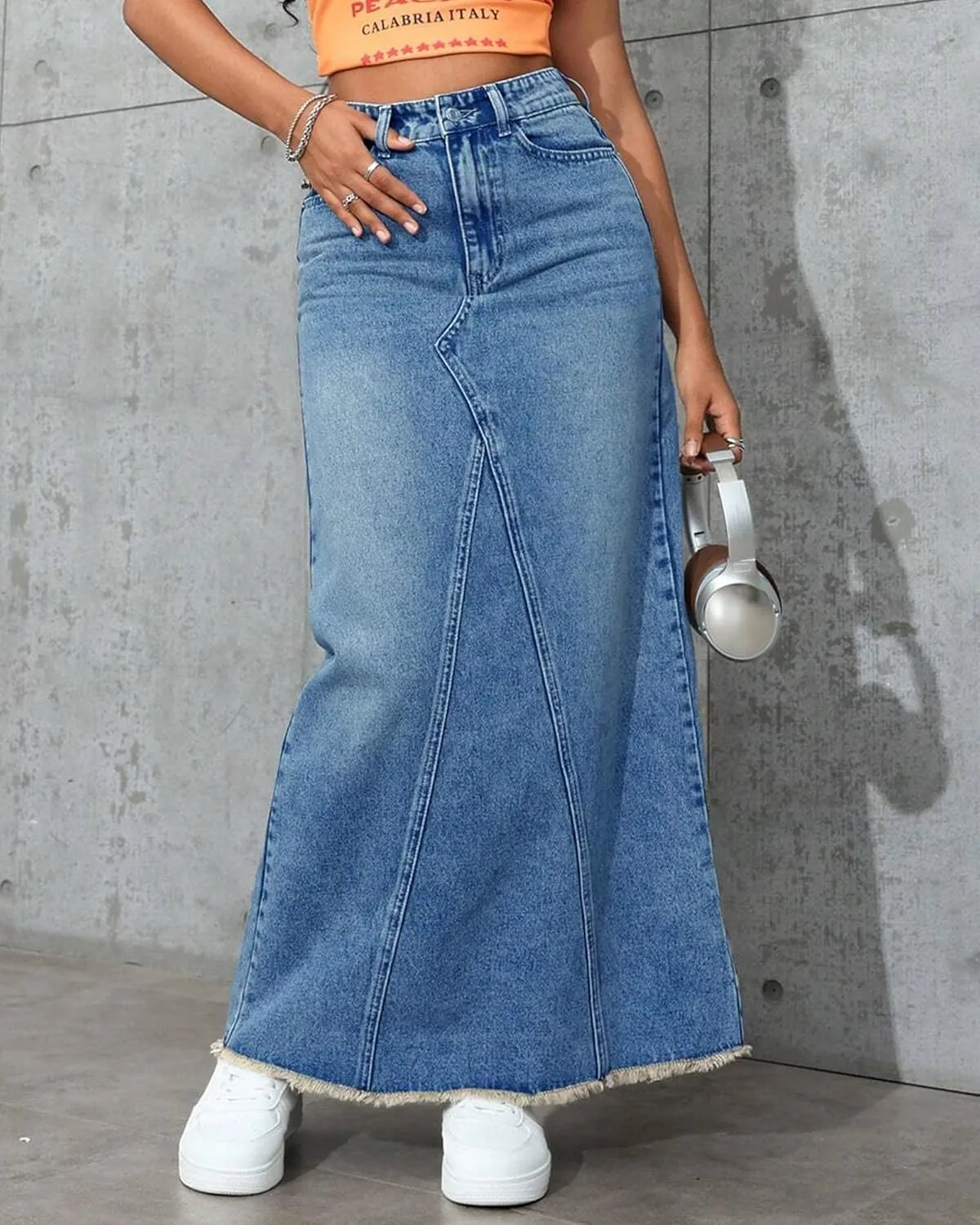 Women's High Waisted Maxi A line Denim Skirt Frayed Raw Hem Casual Long Jean Skirt with Pockets