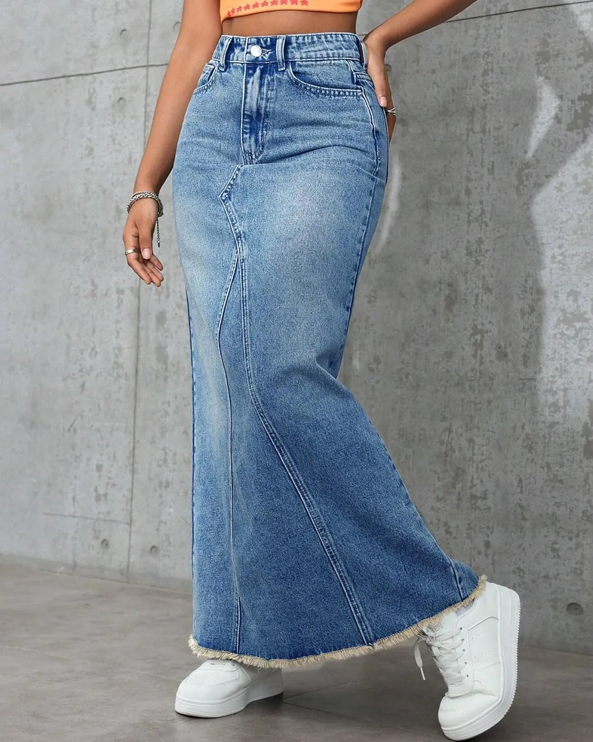 Women's High Waisted Maxi A line Denim Skirt Frayed Raw Hem Casual Long Jean Skirt with Pockets
