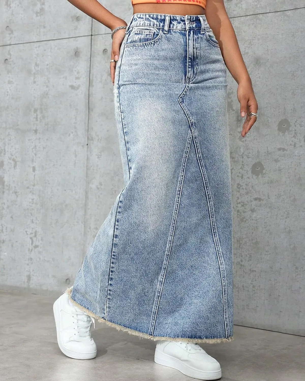 Women's High Waisted Maxi A line Denim Skirt Frayed Raw Hem Casual Long Jean Skirt with Pockets