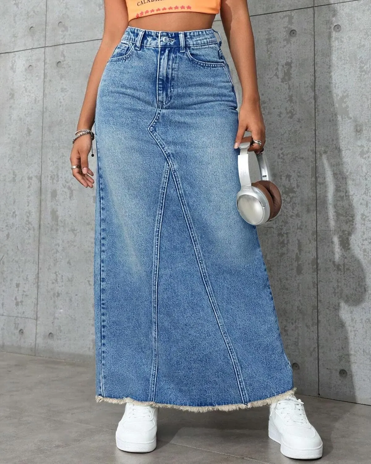 Women's High Waisted Maxi A line Denim Skirt Frayed Raw Hem Casual Long Jean Skirt with Pockets