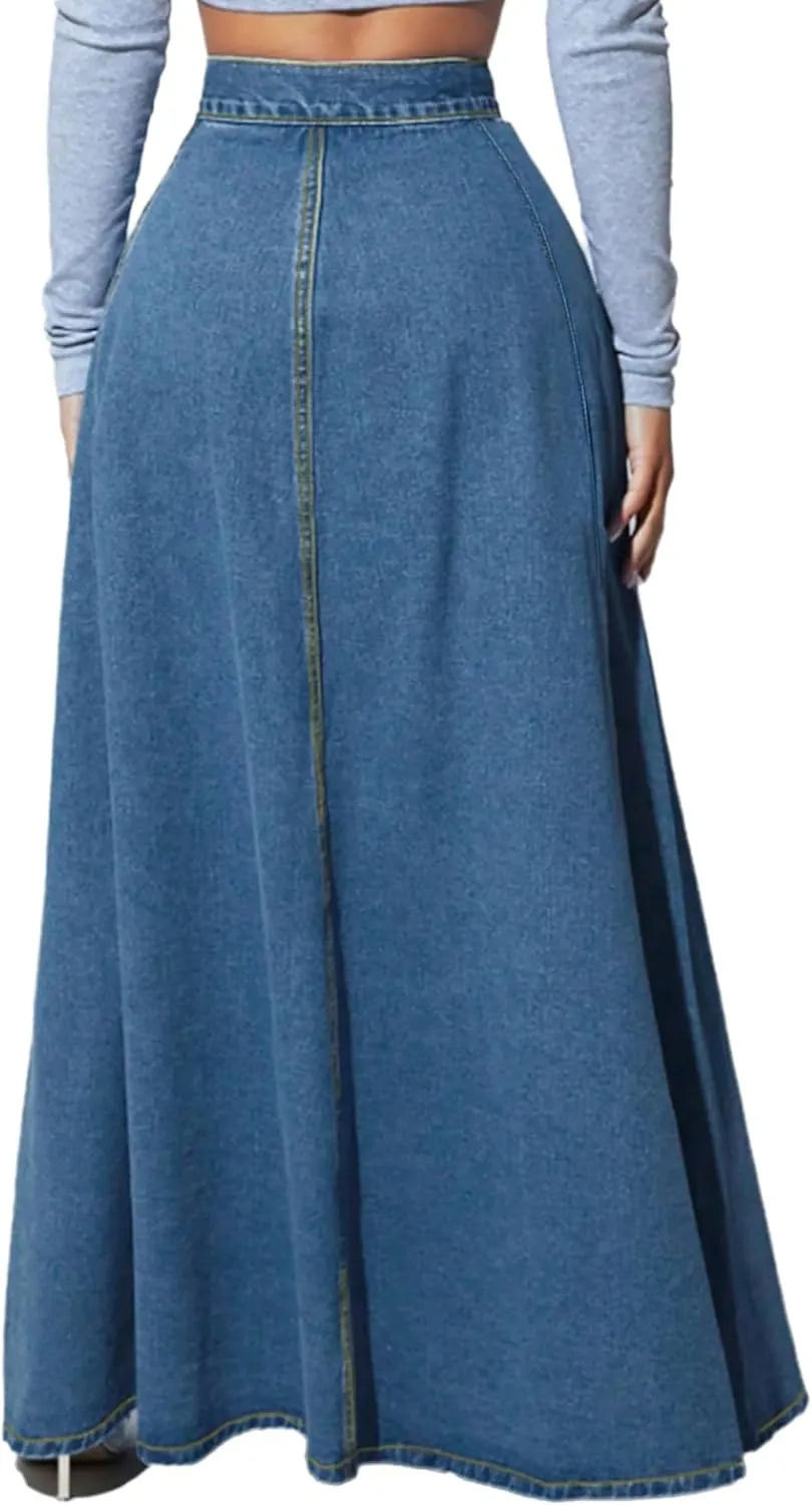 Women's High Waisted Maxi Denim Skirt Vintage Washed Button Front A Line Casual Long Jean Skirt