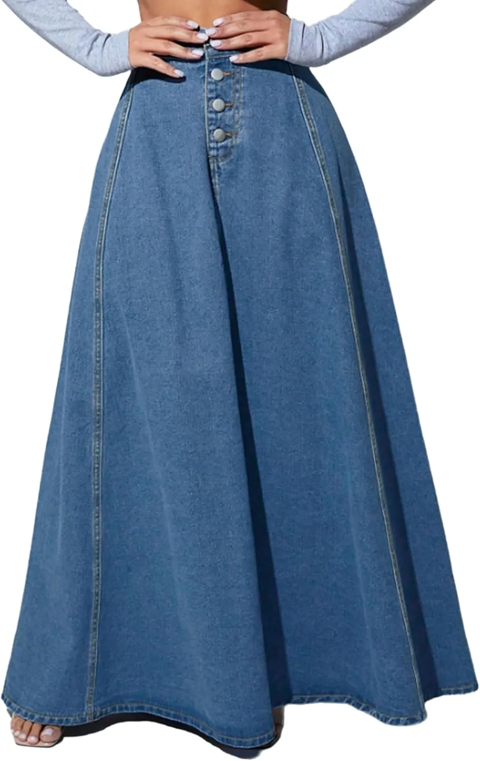 Women's High Waisted Maxi Denim Skirt Vintage Washed Button Front A Line Casual Long Jean Skirt