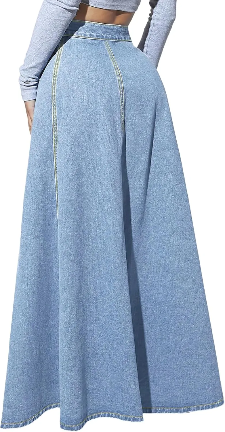 Women's High Waisted Maxi Denim Skirt Vintage Washed Button Front A Line Casual Long Jean Skirt