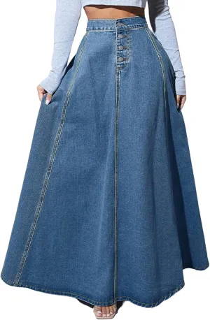 Women's High Waisted Maxi Denim Skirt Vintage Washed Button Front A Line Casual Long Jean Skirt