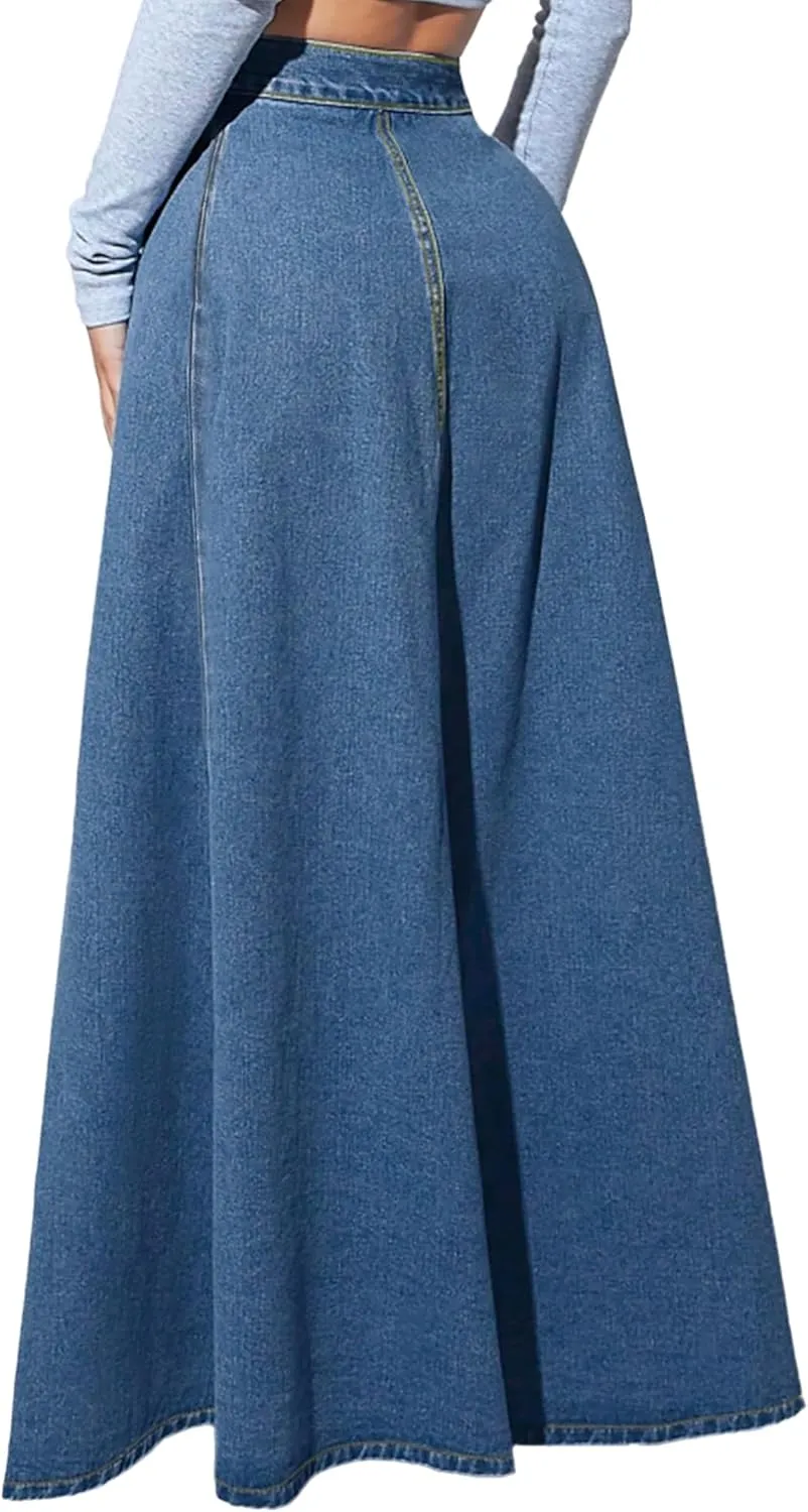 Women's High Waisted Maxi Denim Skirt Vintage Washed Button Front A Line Casual Long Jean Skirt