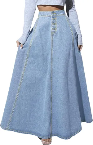 Women's High Waisted Maxi Denim Skirt Vintage Washed Button Front A Line Casual Long Jean Skirt