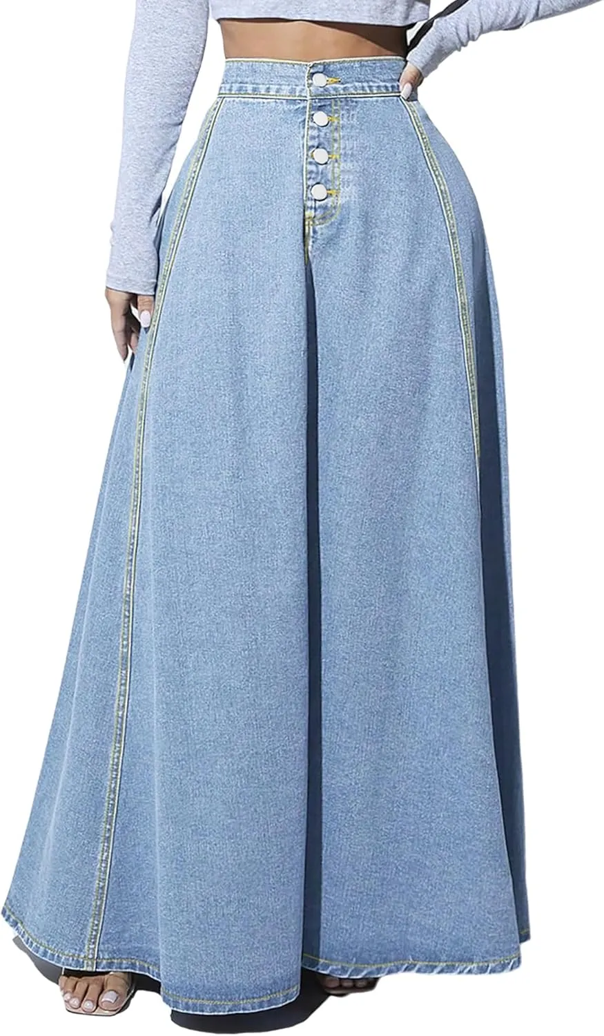 Women's High Waisted Maxi Denim Skirt Vintage Washed Button Front A Line Casual Long Jean Skirt