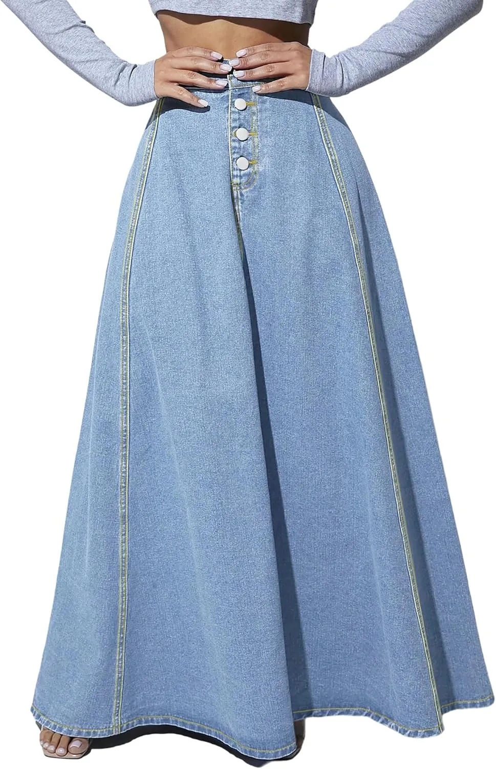 Women's High Waisted Maxi Denim Skirt Vintage Washed Button Front A Line Casual Long Jean Skirt