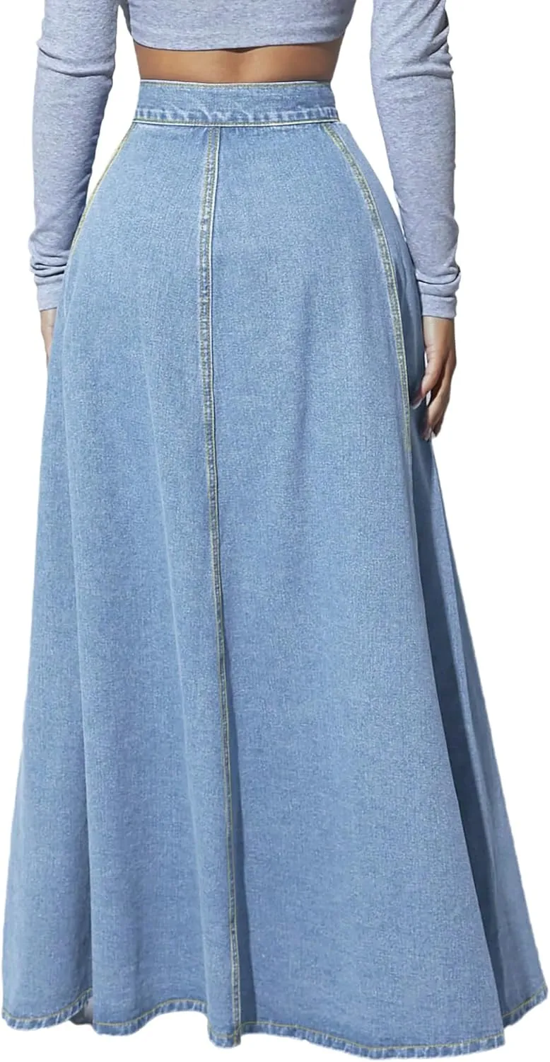 Women's High Waisted Maxi Denim Skirt Vintage Washed Button Front A Line Casual Long Jean Skirt