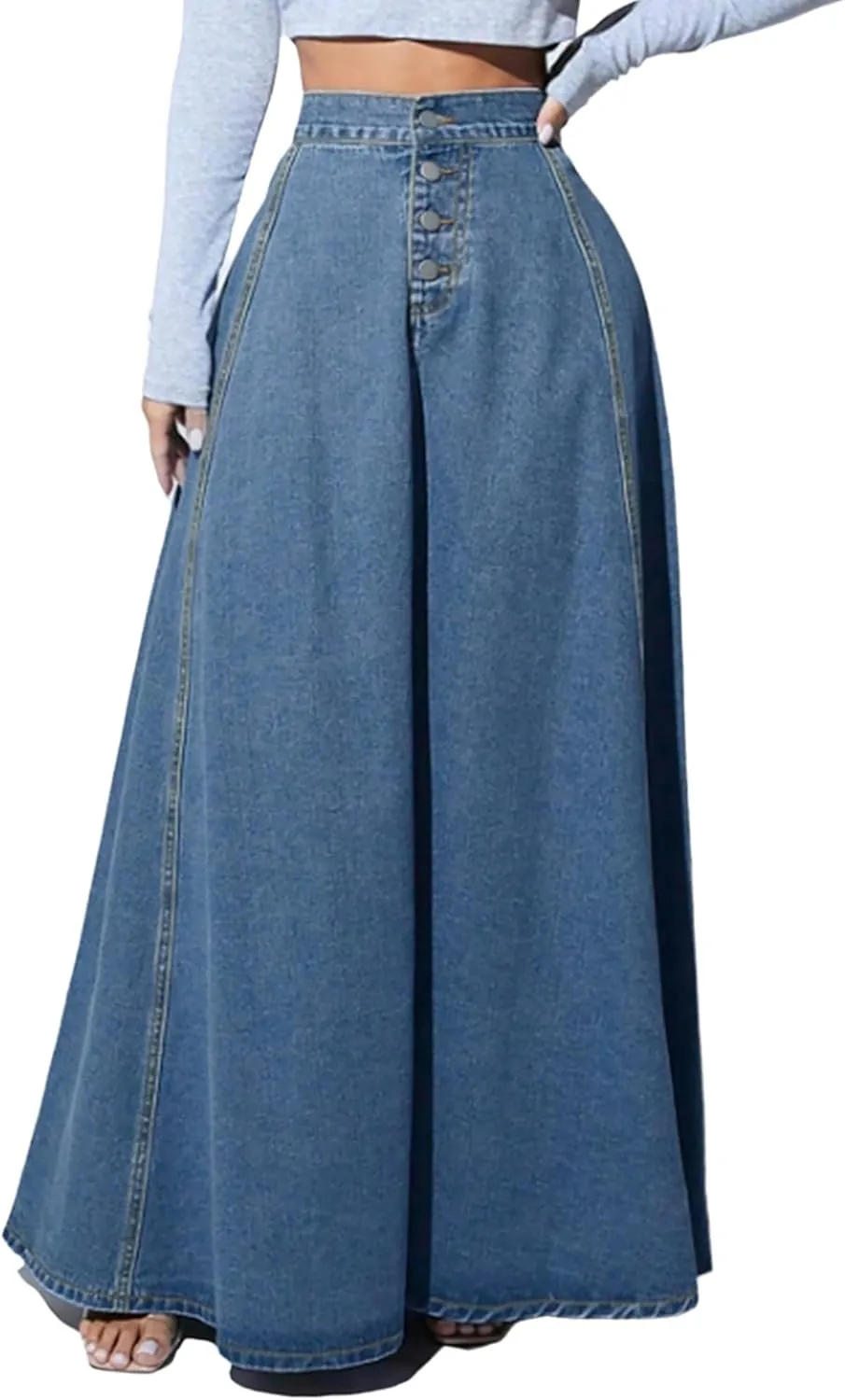Women's High Waisted Maxi Denim Skirt Vintage Washed Button Front A Line Casual Long Jean Skirt