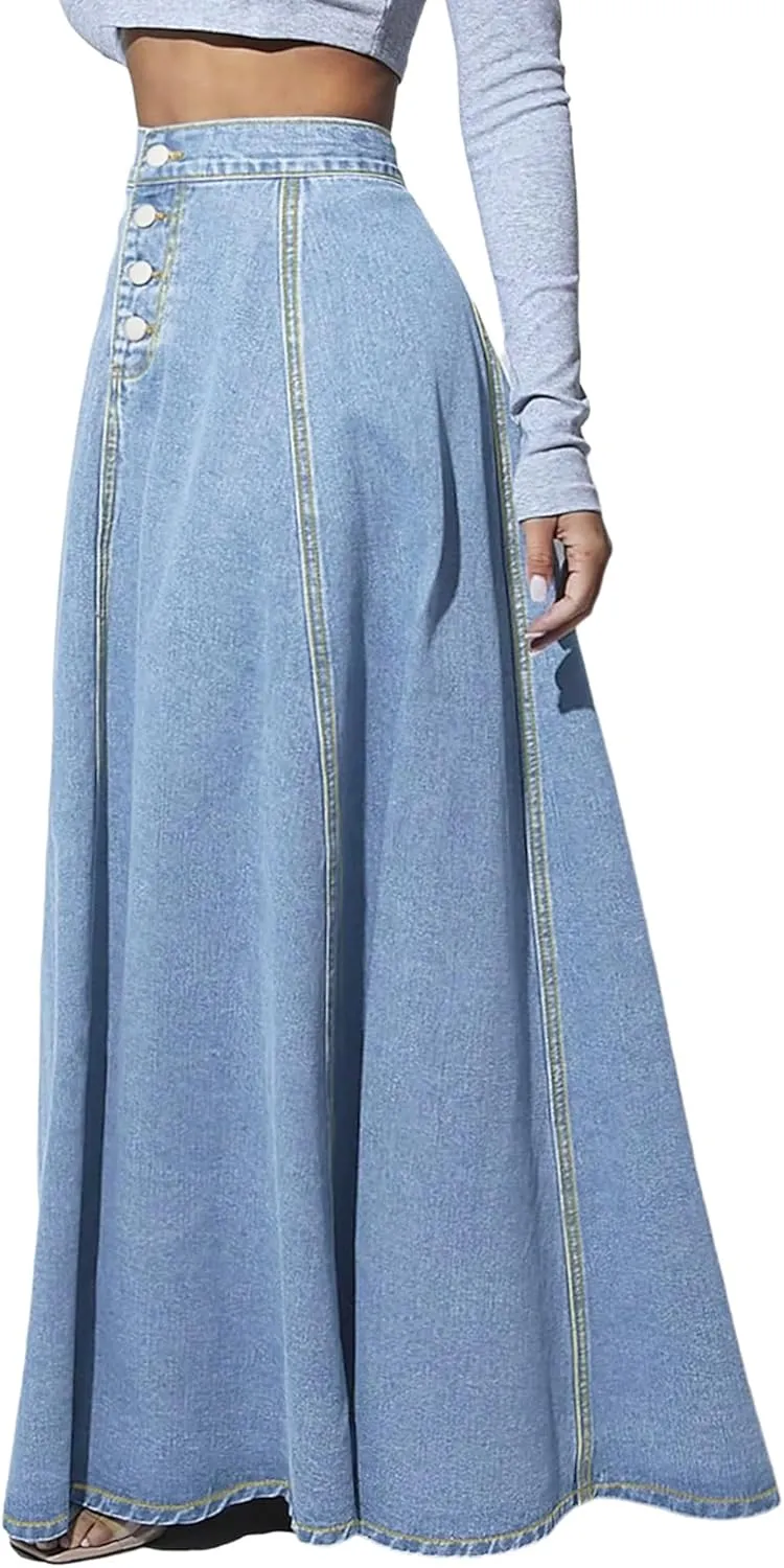 Women's High Waisted Maxi Denim Skirt Vintage Washed Button Front A Line Casual Long Jean Skirt