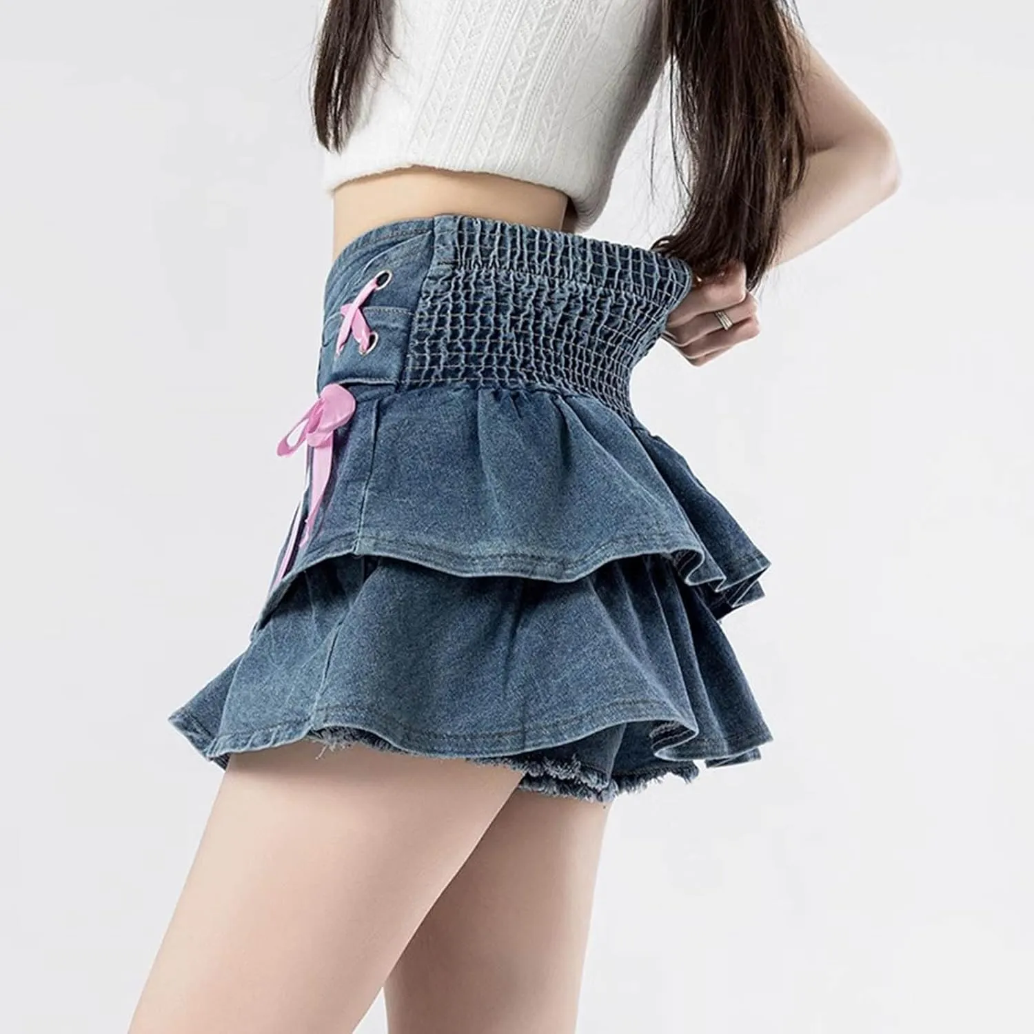 Women's High Waisted Mini Denim Skirt Y2k Smocked Waist Cute Lace Up Ruffle Casual A Line Tiered Skirts