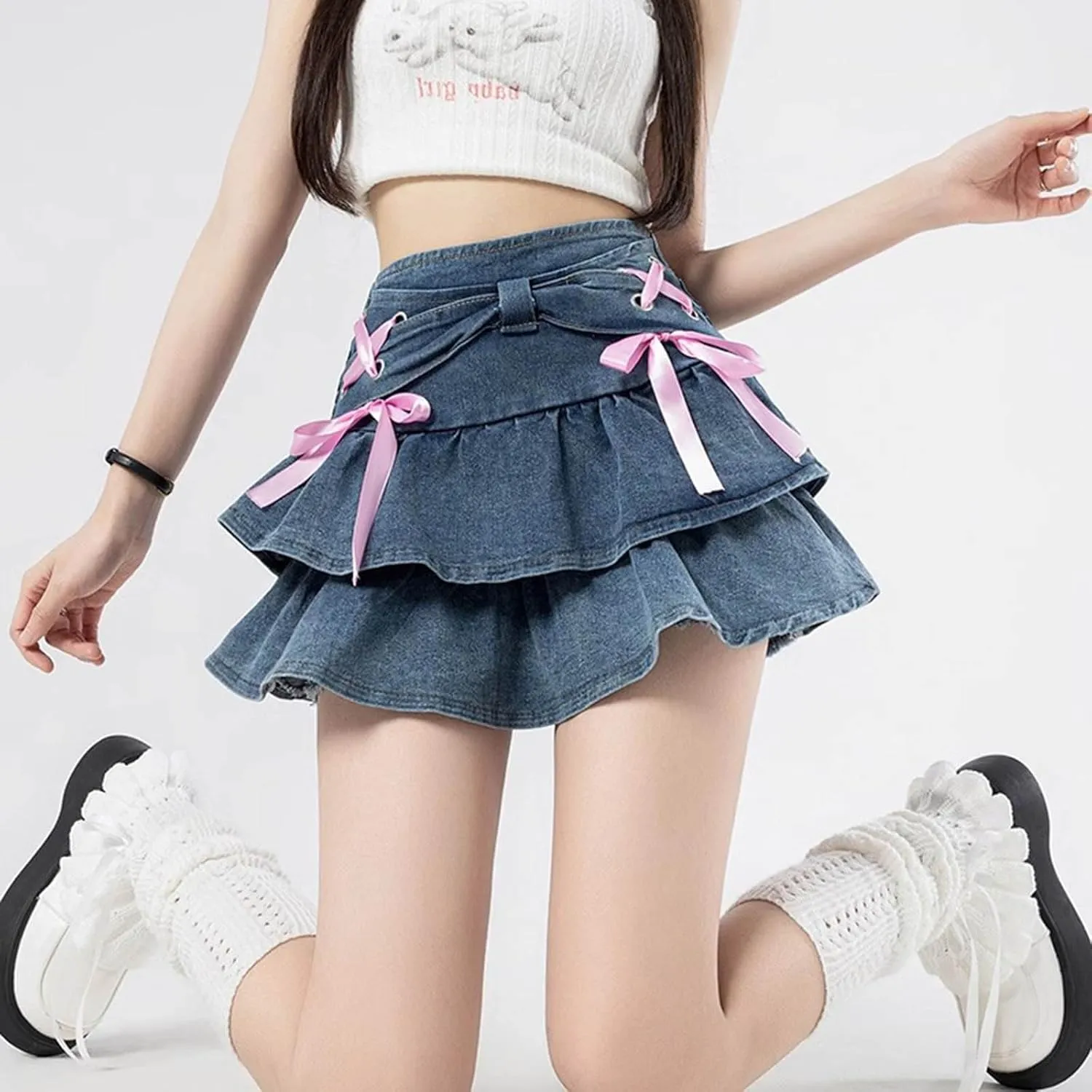 Women's High Waisted Mini Denim Skirt Y2k Smocked Waist Cute Lace Up Ruffle Casual A Line Tiered Skirts