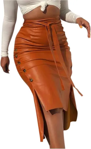 Women's Leather Pencil Skirt High Waist Split Ladies Midi Skirt Knee Length High Waisted Long Slit Slim Pencil Skirts Khaki