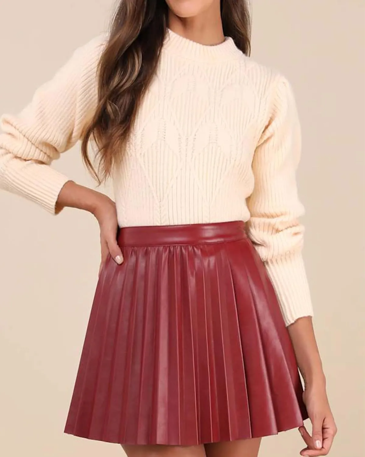Women's Leather Pleated Skirt Flared High Waist Mini Skater Skirts Y2K Party Club Skirt