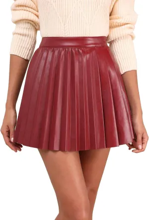 Women's Leather Pleated Skirt Flared High Waist Mini Skater Skirts Y2K Party Club Skirt