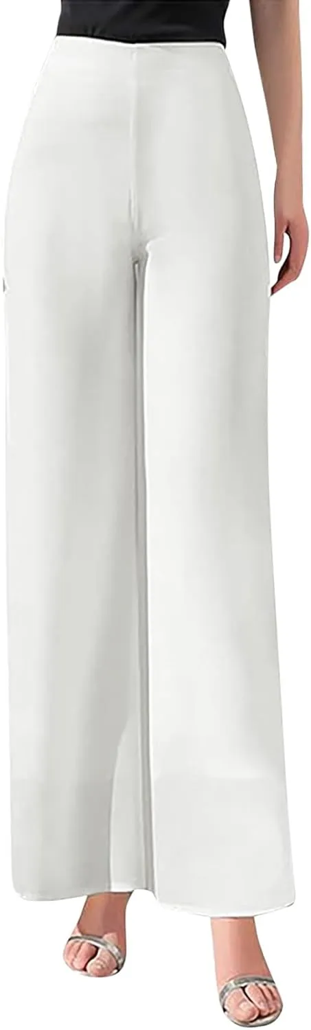 Women's Lightweight Chiffon Straight Suit Pants High Elastic Waist Flowing Trousers Flared Wide Leg Wedding Culottes