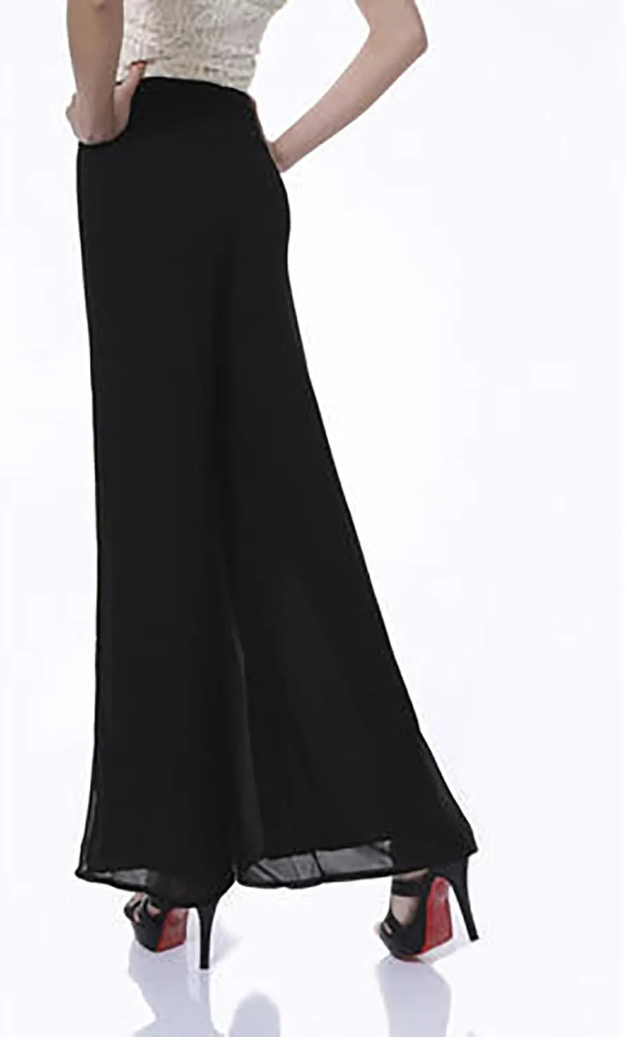 Women's Lightweight Chiffon Straight Suit Pants High Elastic Waist Flowing Trousers Flared Wide Leg Wedding Culottes