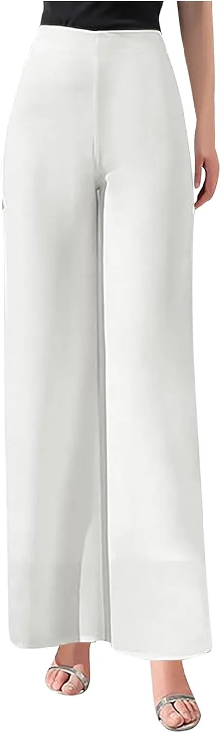 Women's Lightweight Chiffon Straight Suit Pants High Elastic Waist Flowing Trousers Flared Wide Leg Wedding Culottes