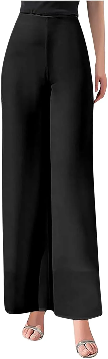 Women's Lightweight Chiffon Straight Suit Pants High Elastic Waist Flowing Trousers Flared Wide Leg Wedding Culottes