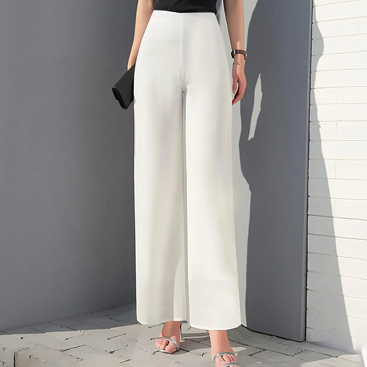 Women's Lightweight Chiffon Straight Suit Pants High Elastic Waist Flowing Trousers Flared Wide Leg Wedding Culottes
