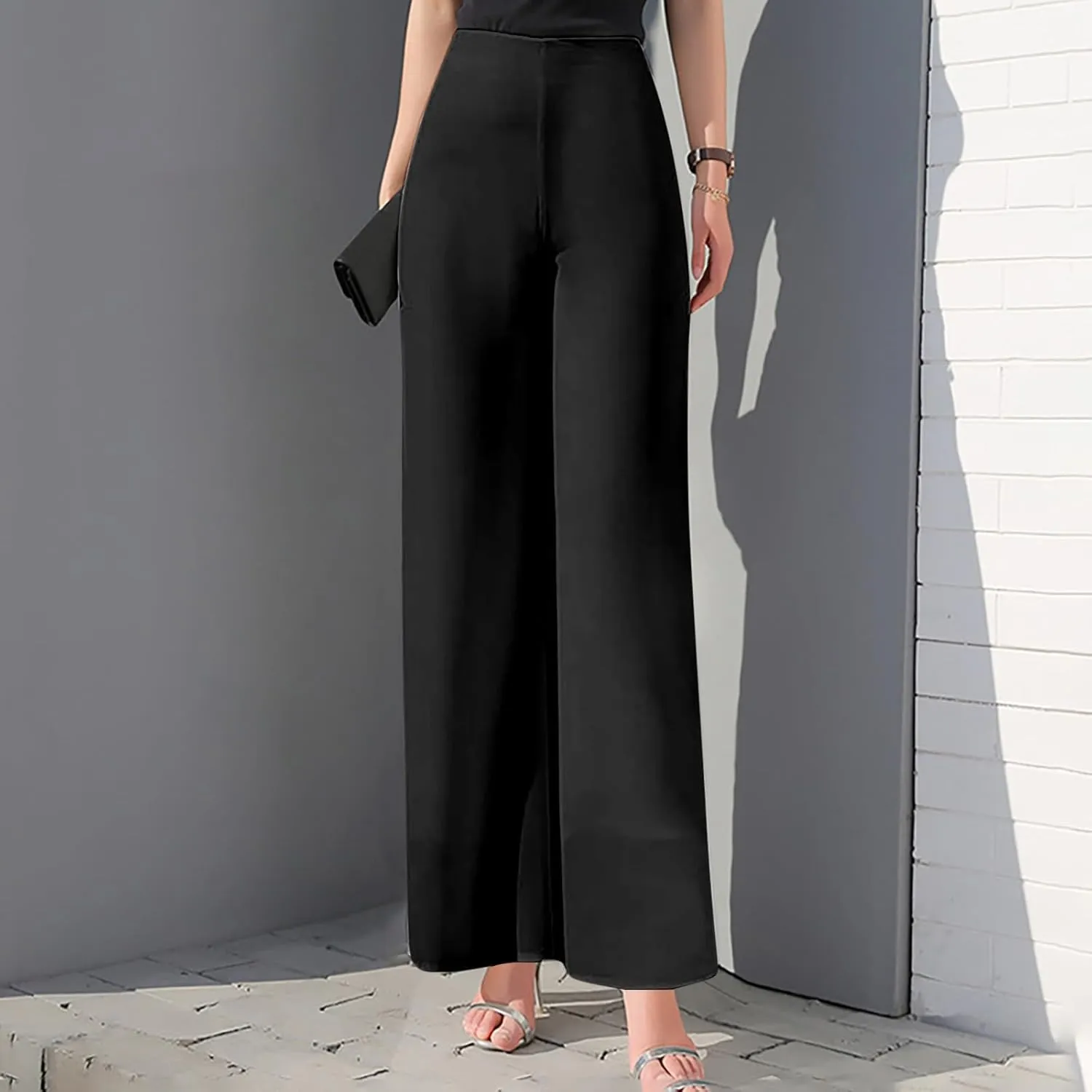 Women's Lightweight Chiffon Straight Suit Pants High Elastic Waist Flowing Trousers Flared Wide Leg Wedding Culottes