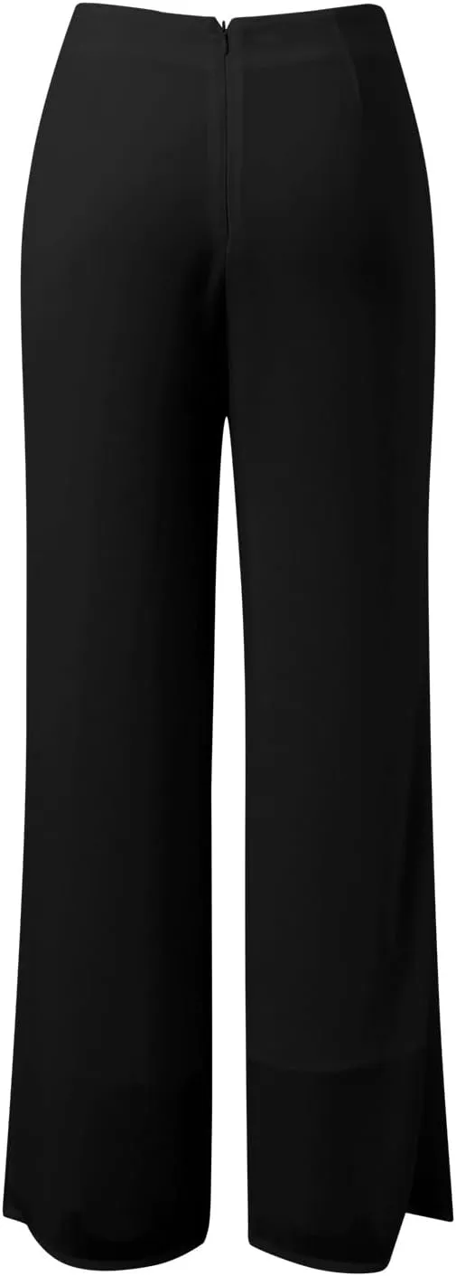 Women's Lightweight Chiffon Straight Suit Pants High Elastic Waist Flowing Trousers Flared Wide Leg Wedding Culottes