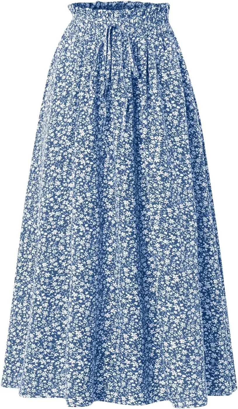 Womens Linen Mid Length Skirt Summer Drawstring High Waisted Skirt Pleated A Line Knee Length Skirts with Pockets