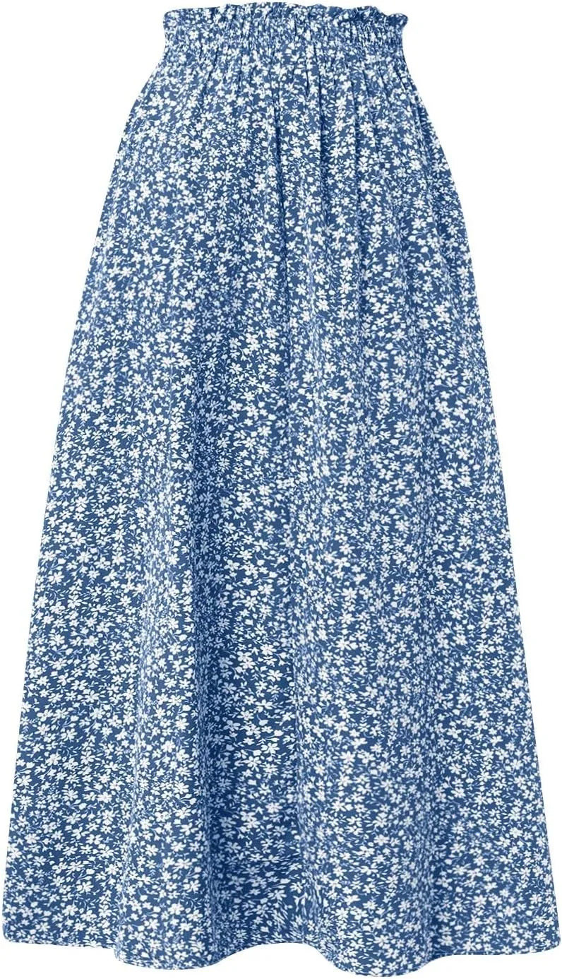 Womens Linen Mid Length Skirt Summer Drawstring High Waisted Skirt Pleated A Line Knee Length Skirts with Pockets