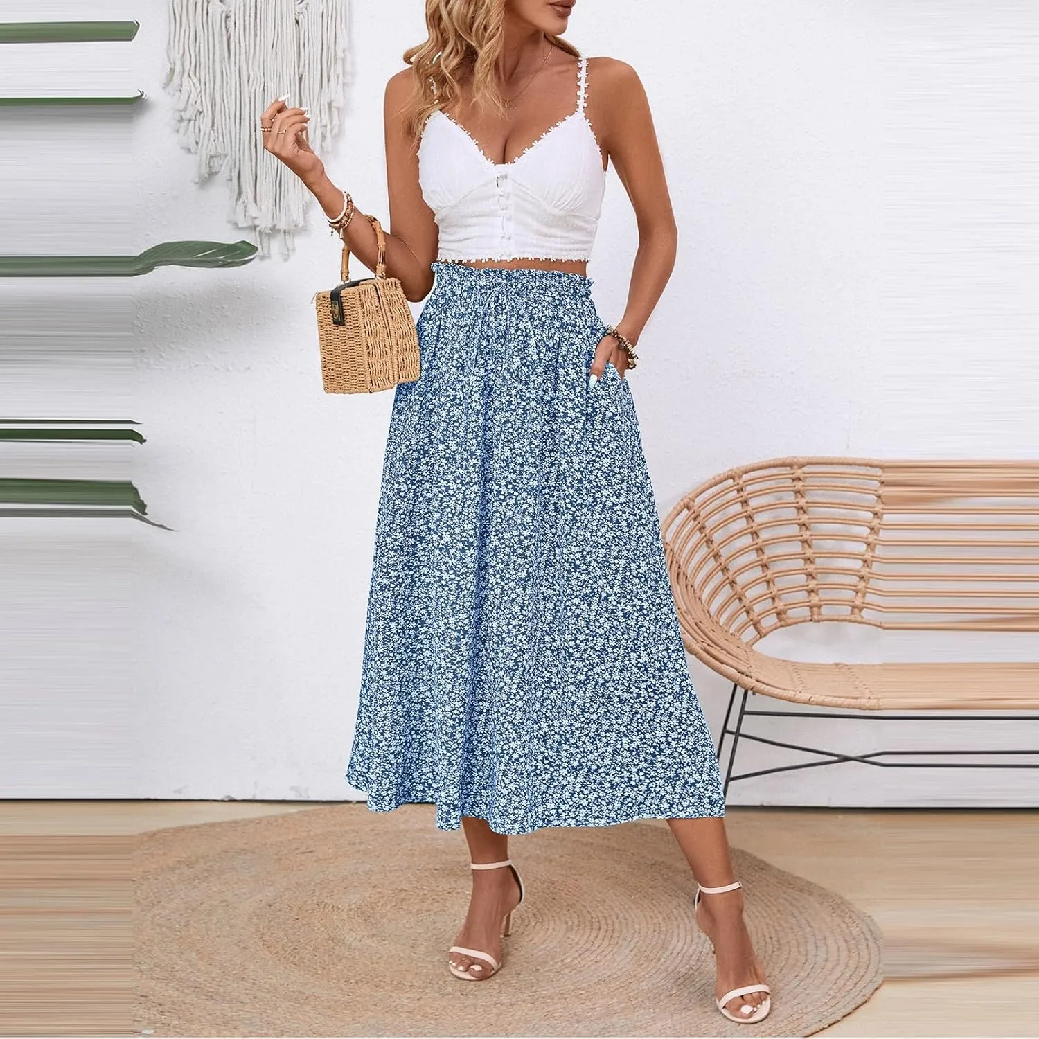 Womens Linen Mid Length Skirt Summer Drawstring High Waisted Skirt Pleated A Line Knee Length Skirts with Pockets