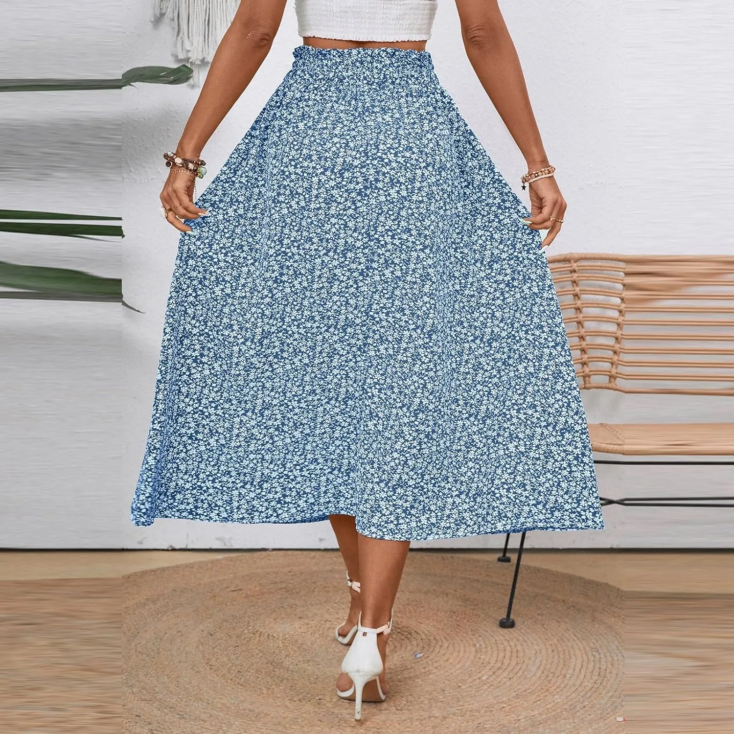 Womens Linen Mid Length Skirt Summer Drawstring High Waisted Skirt Pleated A Line Knee Length Skirts with Pockets
