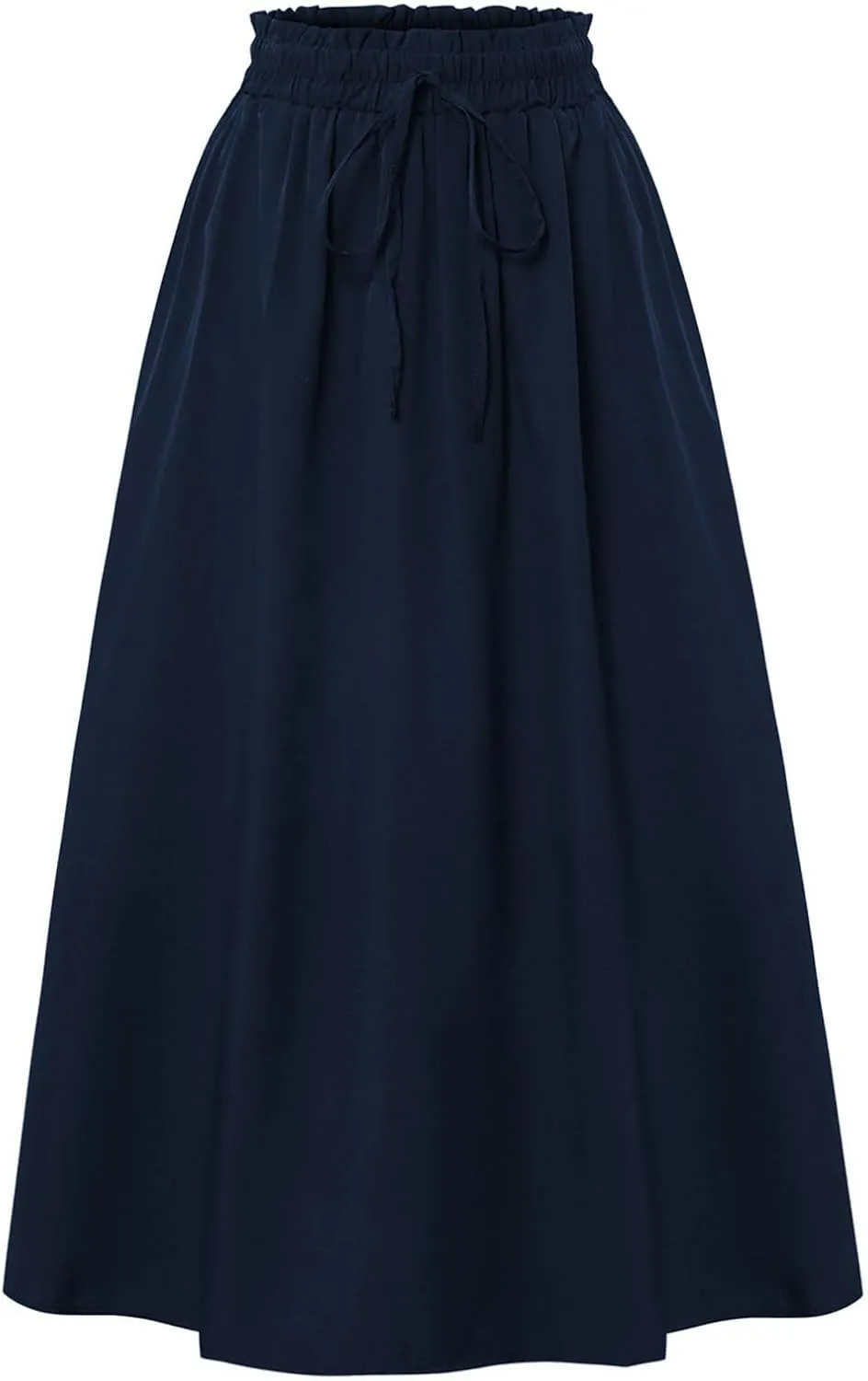Womens Linen Mid Length Skirt Summer Drawstring High Waisted Skirt Pleated A Line Knee Length Skirts with Pockets