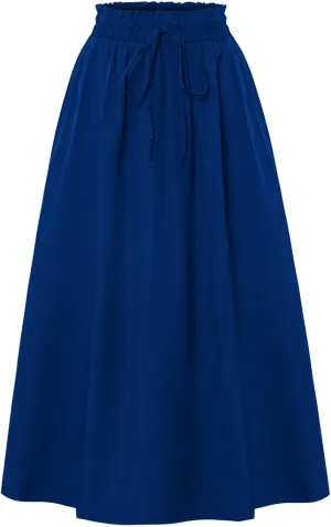 Womens Linen Mid Length Skirt Summer Drawstring High Waisted Skirt Pleated A Line Knee Length Skirts with Pockets