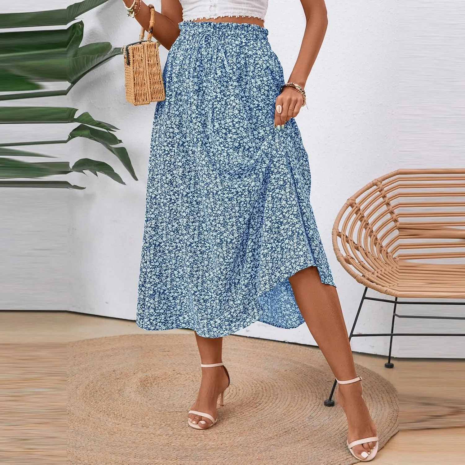 Womens Linen Mid Length Skirt Summer Drawstring High Waisted Skirt Pleated A Line Knee Length Skirts with Pockets