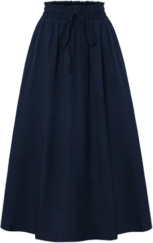 Womens Linen Mid Length Skirt Summer Drawstring High Waisted Skirt Pleated A Line Knee Length Skirts with Pockets