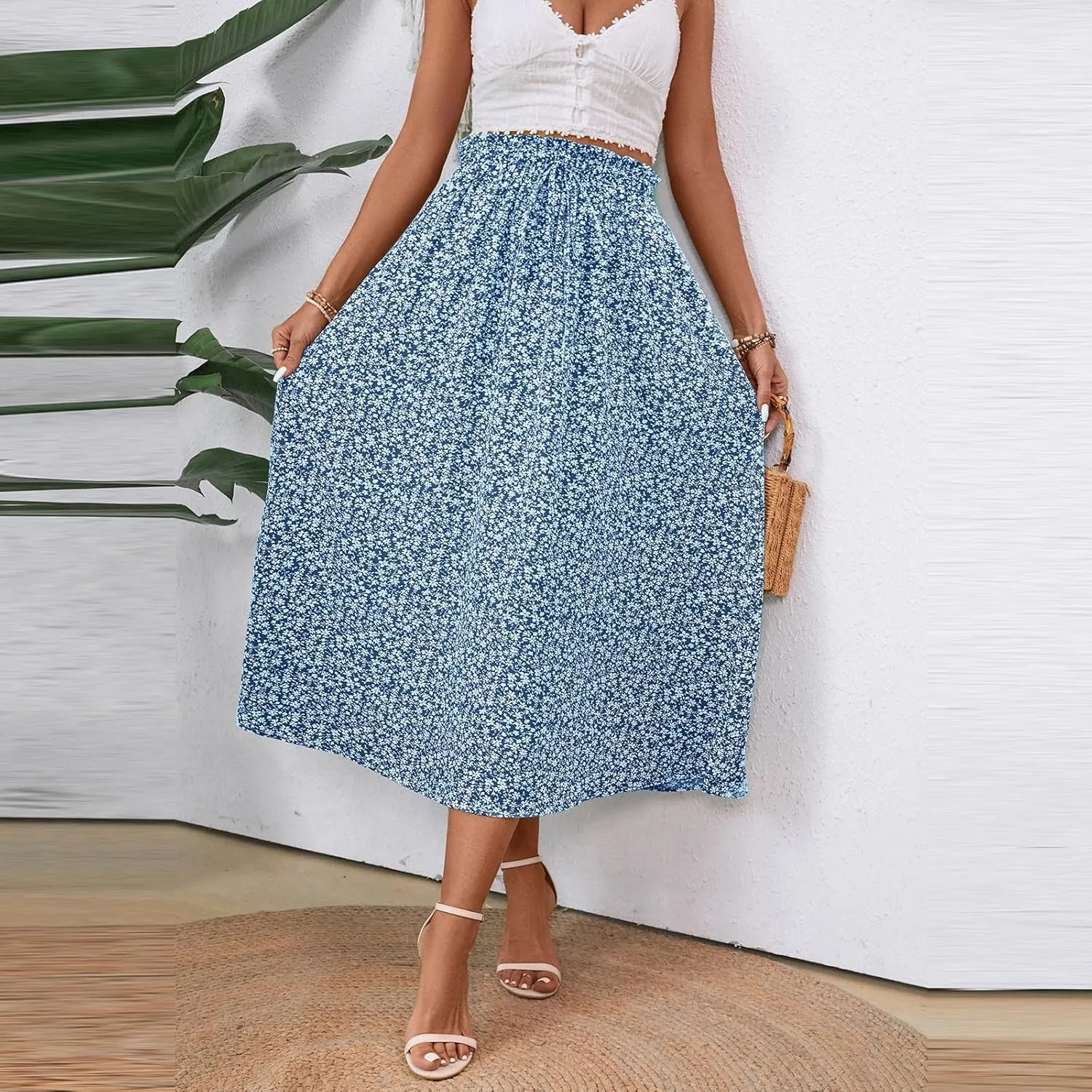 Womens Linen Mid Length Skirt Summer Drawstring High Waisted Skirt Pleated A Line Knee Length Skirts with Pockets