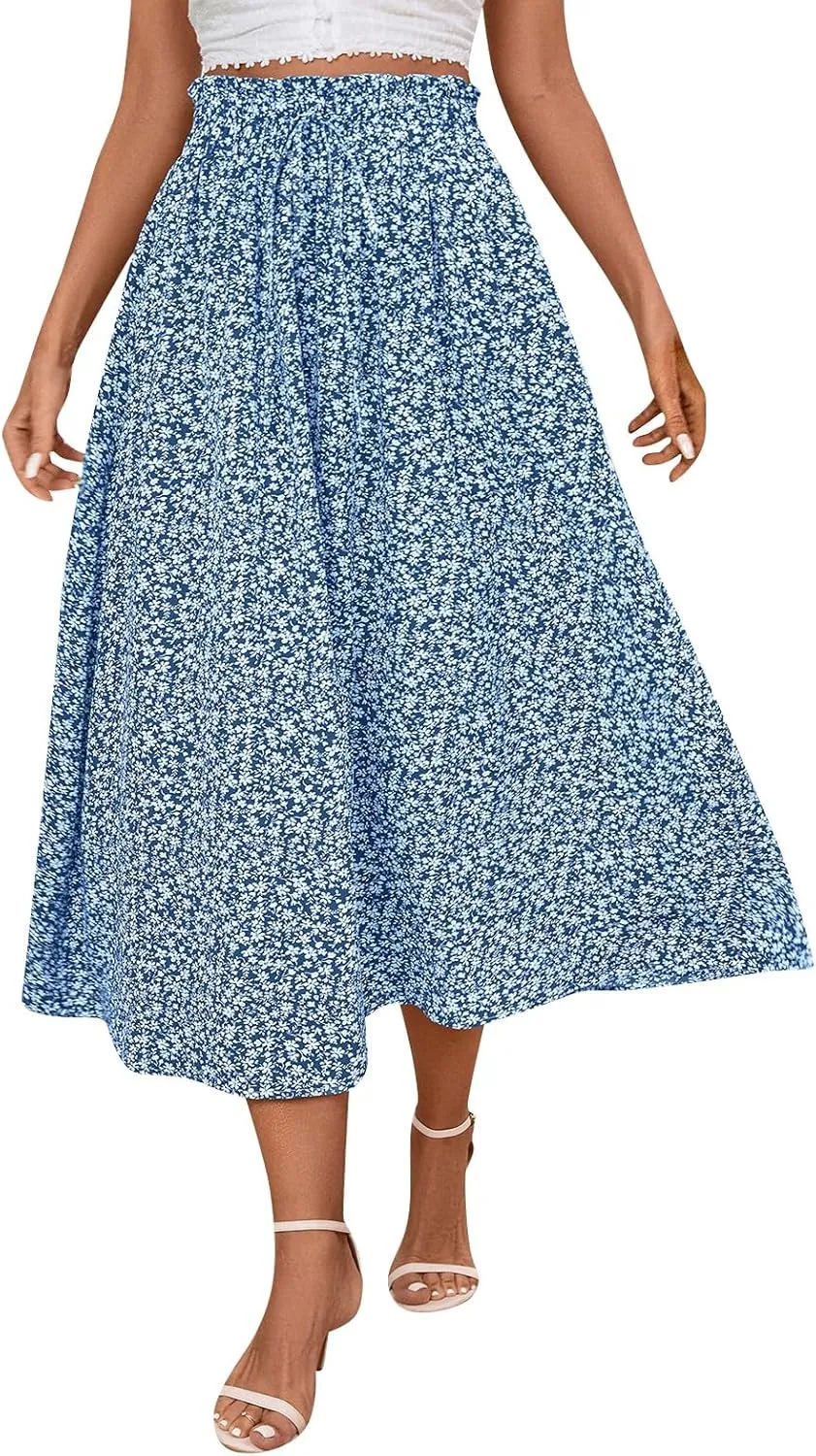 Womens Linen Mid Length Skirt Summer Drawstring High Waisted Skirt Pleated A Line Knee Length Skirts with Pockets