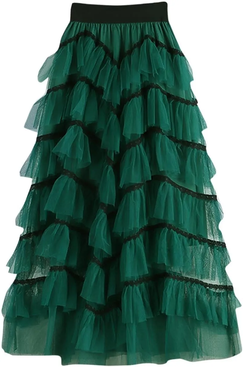 Womens Lolita Cake Skirts Layered Tulle Midi Skirt Elastic Waist Solid Color Mesh Prom Party Skirt